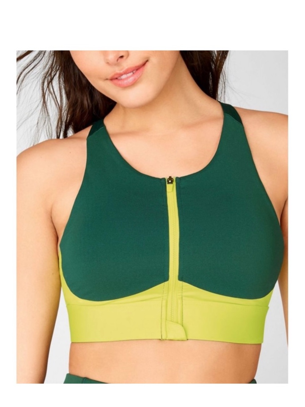 Front-Zip High Impact Sport Bra in Green and Neon Yellow